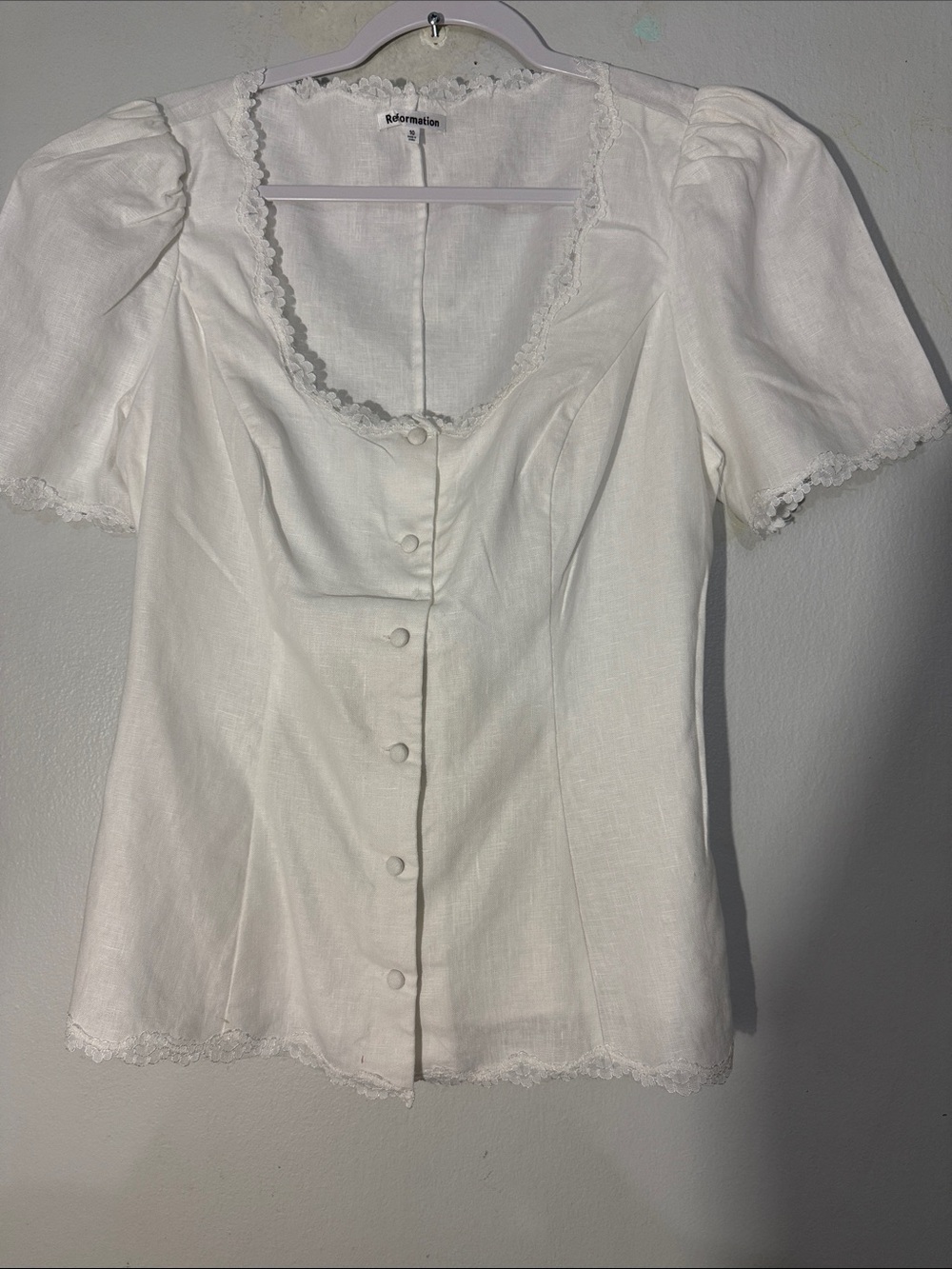 Reformation Annabella top linen White Lace-Trim Puff Sleeve Blouse size 10 - Picture 5 of 9